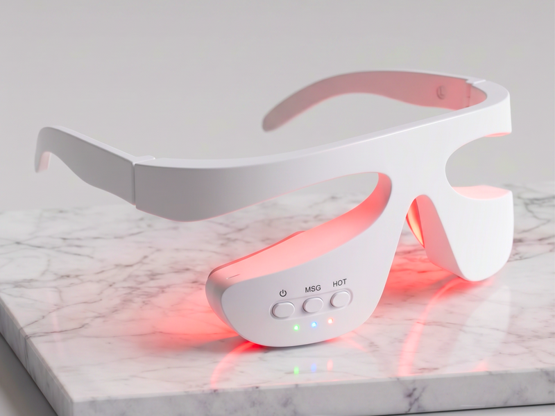 Lunettes Lyra avec luminothérapie rouge allumée, esthétique laboratoire premium